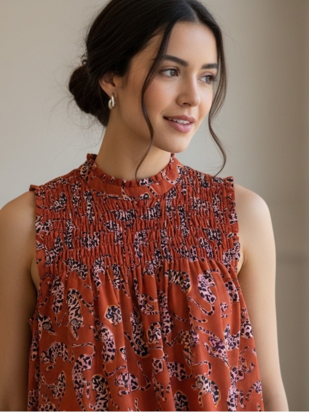 Maeve Anthropologie Rust Leopard-Print Smocked Neck Sheer Sleeveless Top